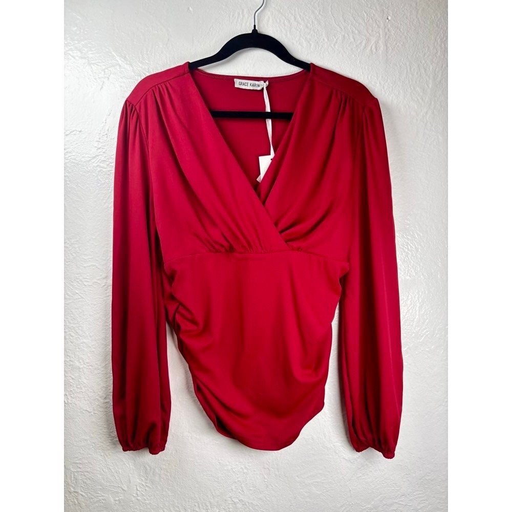 NEW Grace Karin Surplice Wrap Top Women Medium Red  Ruched Dancer Romantic Glam